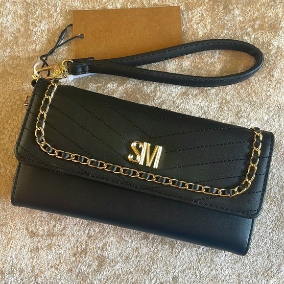 Brand New Steve Madden Black Wristlet Trifold Wallet w/ Gold Tone Chain Accents - Picture 16 of 16